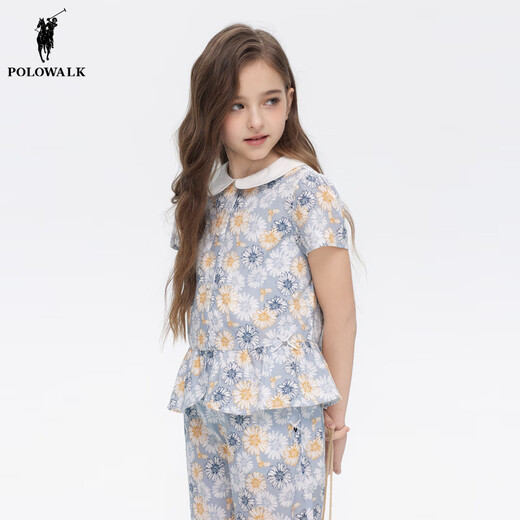 POLOWALK 100% cotton children's clothing girls short-sleeved shirt 2025 summer new printed versatile top blue 120