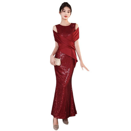Linyan 2025 neuer Punkt Red Evening Kleid für Frauen Neue Design Paillette Schwerindustrie Fischschwanztemperament Bankett Wein rot l
