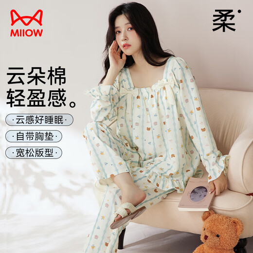 
Cat man [with breast pad] Women's pajamas for women cloud cotton cartoon print sweet princess style home clothes 25 years new product
