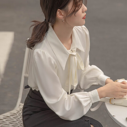 Jiangong white shirt women's French bow lantern sleeves white commuting shirt women's formal interview business attire shirt chiffon lantern sleeve bow shirt M (suitable for 85-115 Jin Jin equals 0.5 kg)