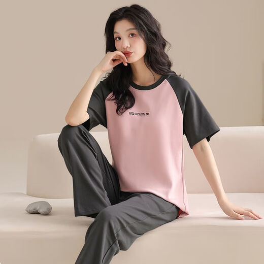 浪莎100%纯棉睡衣女春夏短袖长裤休闲宽松女韩版家居服秋季可外穿套装 T-9711(短袖长裤) M码(85-105斤) 均码