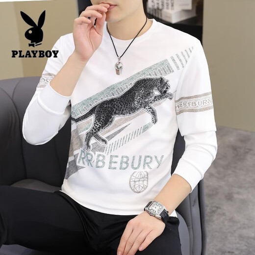 花花公子（PLAYBOY）2025春秋新款男士长袖T恤小衫个性欧货卫衣打底衫加大码男装上衣 【春秋】6628白色 薄款 M 90-115斤