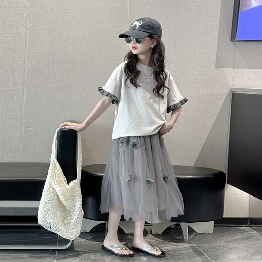 Mokitoul Girl Summer Set Rock 2025 Neues großes Kinder Mädchen Super gute Kurzarm Kindermodische Rock Sommerkaffee Set (High-End-Geschenkboxverpackung) 120 cm