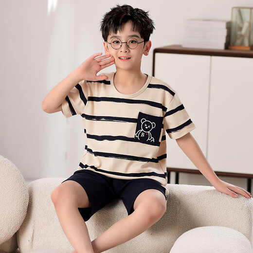 曼妮朵儿童睡衣夏季纯棉短袖长裤可爱卡通青少年学生男孩男童薄款家居服 F724【双短】 170 XL码建议165-170cm