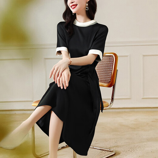 OLJ high-end brand silk dress for women 2025 summer new French elegant slim retro mulberry silk skirt Black M 90-110Jin [Jin equals 0.5 kg]