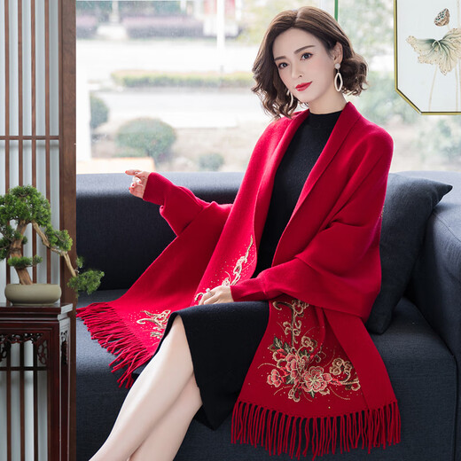 乌拓带披肩喜婆婆服装刺绣妈妈配旗袍外搭斗篷婚宴礼服袖秋冬保暖外披 16886灰色
