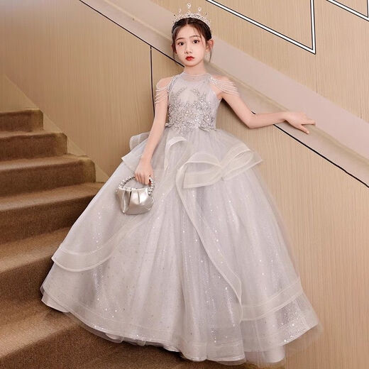 千硕森多场合百搭女童生日礼服高端轻奢小众公主裙儿童夏季花童主持钢琴 05香槟色+皇冠 140