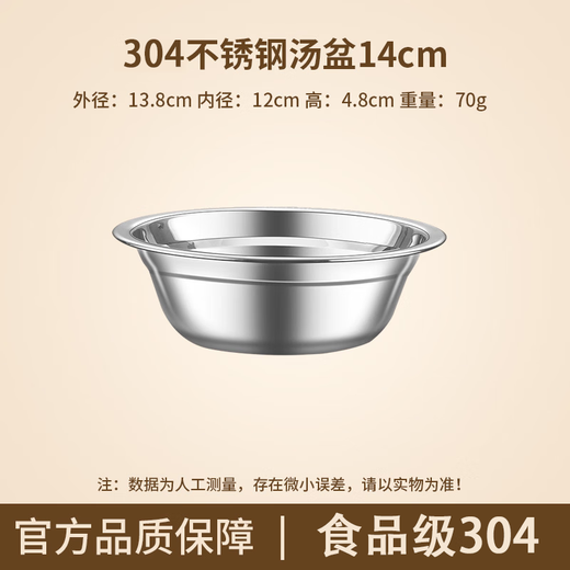 Baichang food grade 316 stainless steel bowl and basin household thickened soup basin eating bowl kitchen assembly dish basin small iron basin antibacterial 304 style soup basin 14cm