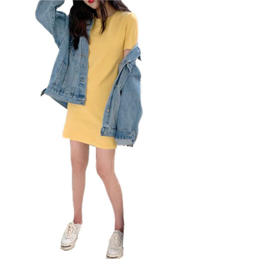 AFTER MONDAY2025 summer Korean style slim solid color short-sleeved T-shirt women's mid-length dress women's clothing 6624* pink M