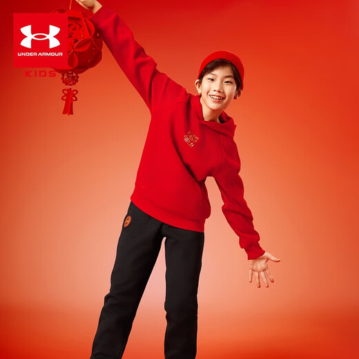 Under Armor New Year Series Children's Sweaters Big Children's Printed Hooded Velvet Tops Boys and Girls Casual Autumn Clothes Red 150