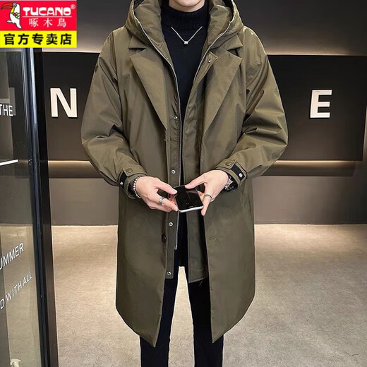 Woodpecker (TUCANO) men's windbreaker hooded mid-length fake two-piece winter new handsome cotton coat outdoor waterproof large size thickened jacket classic black quilted warm collection add-on purchase priority delivery L