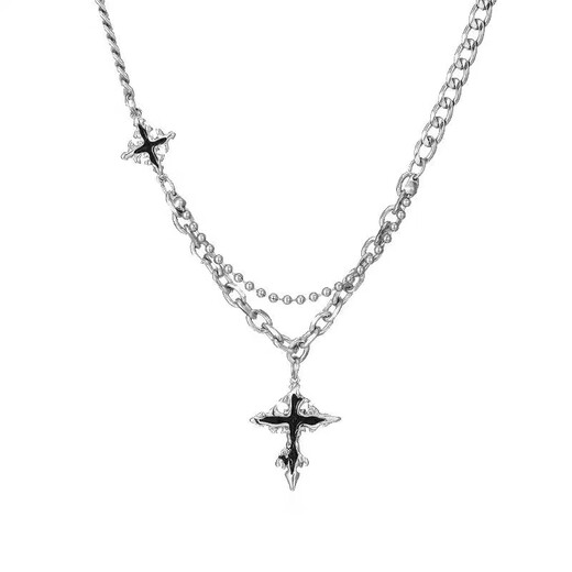 Half black gemstone silver necklace men's niche design hip-hop wrapped and stacked handsome versatile high street clavicle chain pendant black cross silver necklace 45CM