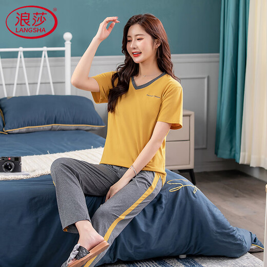 Langsha Pajamas (Langsha) Estilo delgado para mujeres 2025 Nuevo algodón puro pantalones de manga corta Conjunto de ropa para el hogar El algodón de verano se puede usar fuera de 7374 pasta de frijoles en polvo M [80-100Jin [Jin iguala 0.5 kg]]
