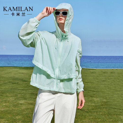 Diseño de Kamilan (Kamilan) Chaqueta con capucha falsa de dos piezas delgada 2025 Nuevo cárdigan de manga larga para mujeres Summer Light Blue s