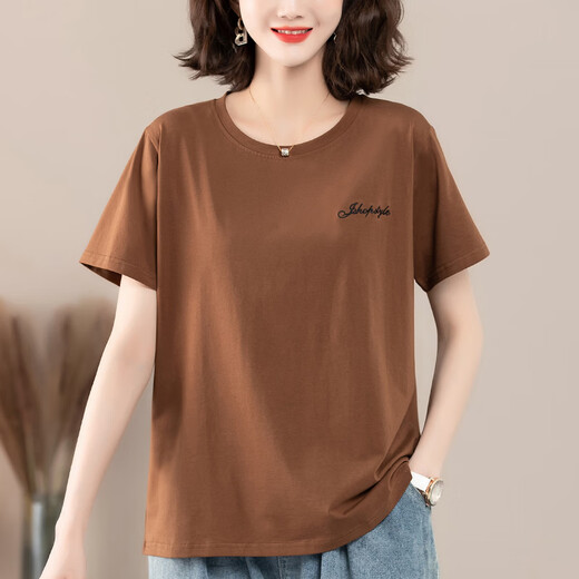 GIOIO中年妈妈纯棉t恤女夏短袖宽松汗衫加大码女装中老年圆领咖色上衣 白色【KSP-9896款】 XL 适合115-130斤