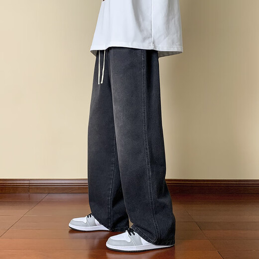 美特斯邦威（Meters Bonwe）黑色牛仔裤男夏季2025新款宽松直筒男裤青少年阔腿男生拖地长裤子 693黑灰 M 适合(105斤-125斤)