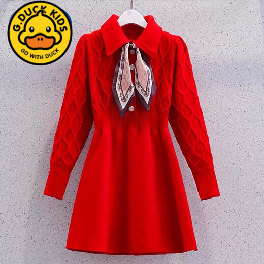 G.duck vestido de niña otoño e invierno 2024 nuevo estilo vestido de princesa de estilo universitario de manga larga falda de suéter de punto de otoño rojo 6189 120 cm