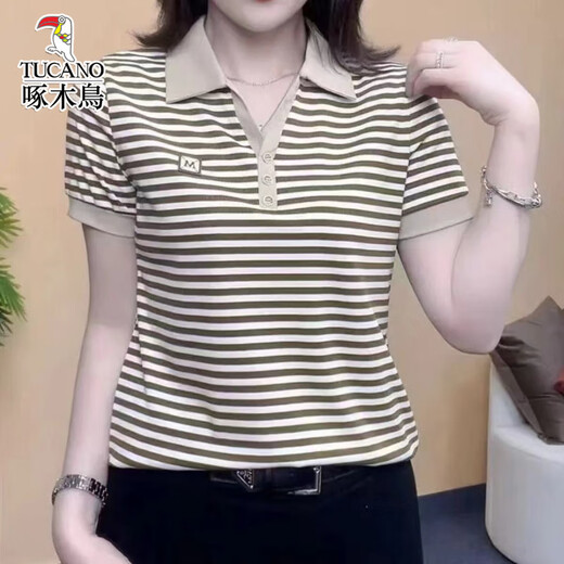 
Woodpecker summer new mother women's striped short-sleeved Polo shirt loose and versatile casual top 9928 brown 4XL 160-175Jin [Jin equals 0.5 kg]