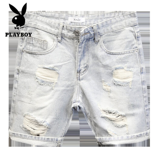 PLAYBOY (PLAYBOY) NUEVO Summer Old Light White Whisker rasgó pantalones de cuatro y cinco puntos para hombres Shorts versátiles versátiles (T693) Azul 31 (recomendado 120-130Jin [Jin equivale a 0.5 kg])