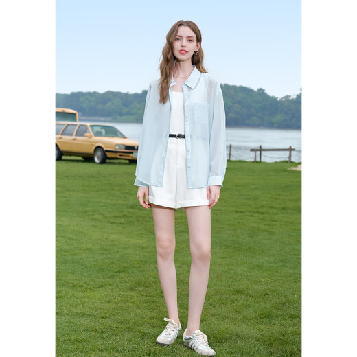 
Baitu betu women's clothing 2025 summer new shirt texture micro texture striped shirt thin coat for women 2507T31 light blue M