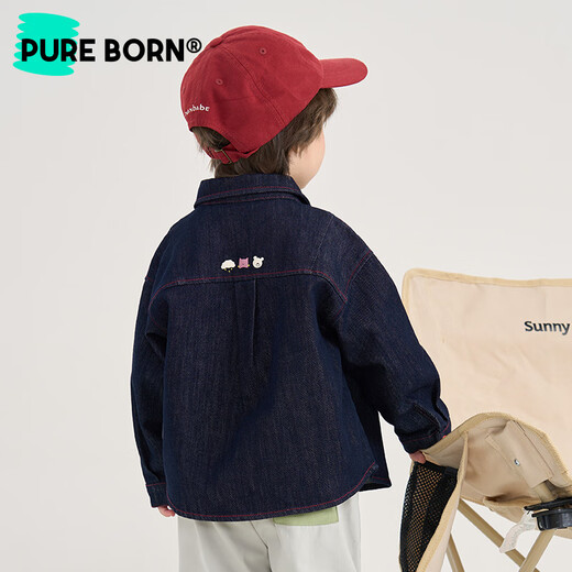 Borien denim boys' long-sleeved shirt spring and autumn new versatile fashion casual tops for baby girls dark denim blue 130