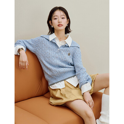 Inman College Style Cable Colorful Sweater 2025 Autumn Women's New Lazy Casual Lapel Knitted Sweater Light Blue XL