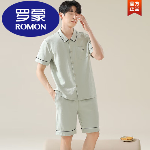 罗蒙（ROMON）睡衣男士夏季纯棉短袖短裤开衫薄款大码纯色休闲家居服套装夏季男 薄荷绿12808【100%纯棉】 L 【建议100-120斤穿】