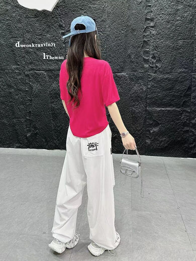 NRDCZ配工装裤的上衣女2025夏季新款曳步舞运动套装短袖T恤广场舞队服 3878粉裤 S 80-100斤