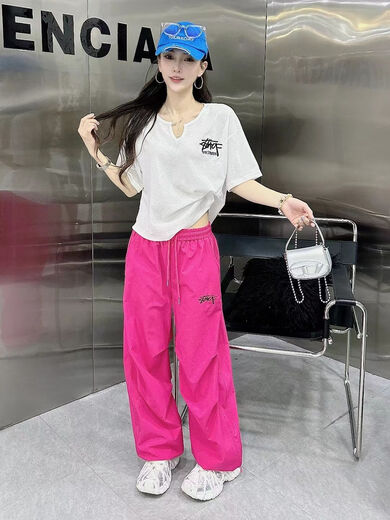NRDCZ配工装裤的上衣女2025夏季新款曳步舞运动套装短袖T恤广场舞队服 3878粉裤 S 80-100斤