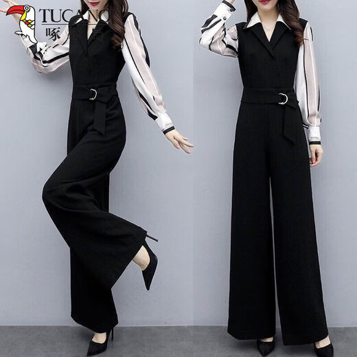 Tucano; Specht Frühlings- und Sommer-Jumpsuit Frauen 2025 Frühling neuer koreanischer Mode-Fashion Casual Black Jumpsuit High Taille Wide Legs Set Black Stripe 345 Dünn S 80-95Jin [Jin gleich 0,5 kg]