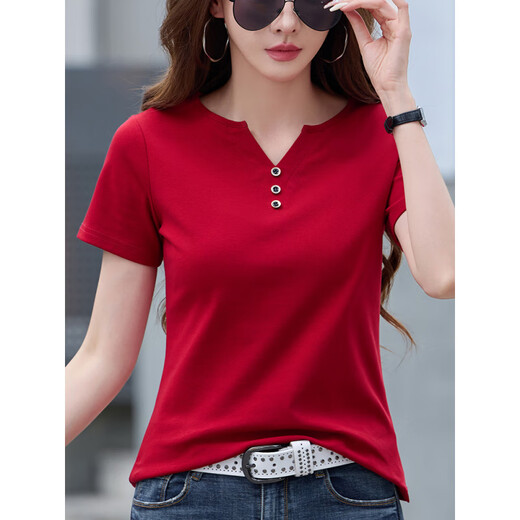Zhufan Chicken Heart Collar Kurzarm T-Shirt Großgröße Frauen Baumwolle kleine V-Ausschnitt Frauen 2025 Sommer neuer Knopf Lösche halbe Ärmel rechts Schulterstil 6623 Linglong Lila (Knopfstil) S empfohlen 80/95jin [Jin gleich 0,5 kg]