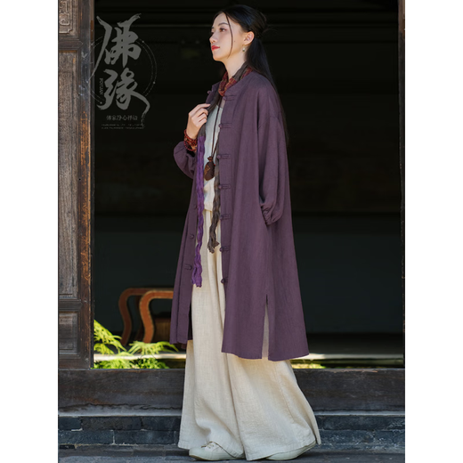 禅服修行女中式国风佛系禅意女装棉麻寺院拜佛素衣长袍居士服女款 【二件套】麻色外套+咖色裤子6189# 均码