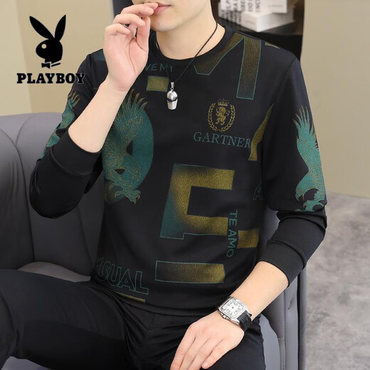 花花公子（PLAYBOY）2025秋冬新款男士长袖T恤欧货潮男帅气时尚卫衣加大码打底衫t恤 【春秋】6628卡其 薄款 M 90-115斤