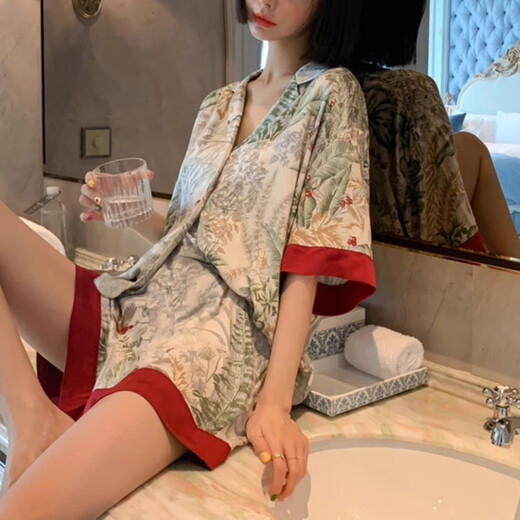 UKUHPKins春秋冰丝短袖短裤睡衣女夏季感休闲可外穿家居服套装 套LW9214【丝滑凉感型】 M 【建议80-100斤】