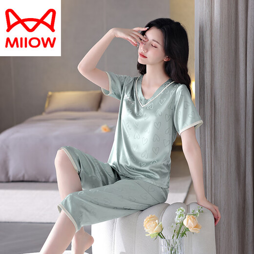 MiiOW ice silk pajamas for women 2025 new short-sleeved trousers home wear with chest pad summer ladies can wear outside 1349-sand green short-sleeved three-quarter pants M