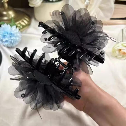 Suyi embroidered peony flower tassel grab clip for women 2024 new style shark clip feather hairpin headdress on the back of the head showing hair volume black 13CM