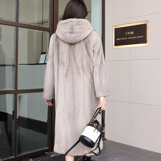 Winter Home Brand Fur 2025 New Imported Mink Coat Women's Full Mink Over Knee Long Hooded Mink Fur Jacket Silver Blue 2XL 140Jin[Jin equals 0.5 kg]-160Jin[Jin equals 0.5 kg]