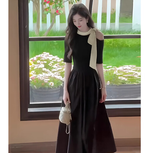 Französisch Retro-Halfterkleid im Hepburn-Stil für Frauen 2025 Sommerdesign Nische Platycodon D1840 Black XL [120-130jin [Jin entspricht 0,5 kg]]