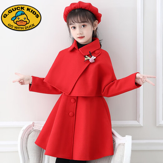 G.duck girls' woolen dress 2025 autumn and winter new thickened children's woolen princess dress little girl's stylish two-piece set red skirt + coat + hat + sweater single 140 recommended height around 135