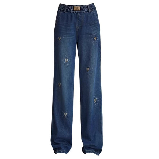 酷章（KUZHANG）刺绣牛仔裤阔腿宽松显瘦裤子女2025春秋新款松紧高腰窄版直筒长裤 9928#水泥灰加绒版 S