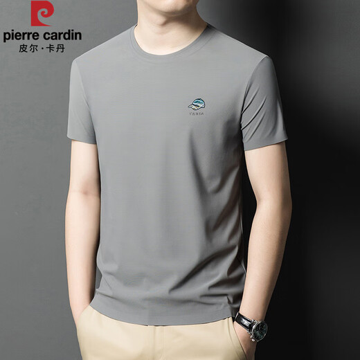 皮尔卡丹（PIERRE CARDIN）男装短袖圆领桑蚕丝T恤夏季半袖百搭休闲上衣t恤打底衫男中年衣服 灰色-13596KSP M 165 建议90-120斤