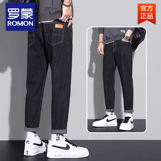 ROMON autumn jeans men's loose straight-leg trendy brand men's new elastic casual trousers spring and autumn casual jeans 6621B black style plus velvet 36