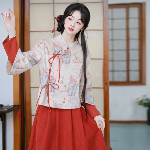 AEMAPE新中式女装两件套装春秋中国风复古多巴胺新款上衣改良汉服半身裙 雪纺两件套仕女红YY9764 L 110-120斤左右