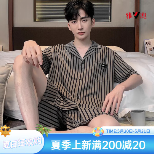 雅鹿男士睡衣夏季莫代尔棉短袖条纹男款夏天薄款家居服可外穿 【M3937 莫代尔凉感型】 L 【适合100-135斤】