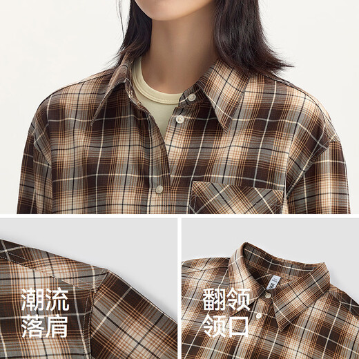 Semir long-sleeved shirt for women mid-length lazy loose off-shoulder autumn chic retro plaid shirt 101524105004
