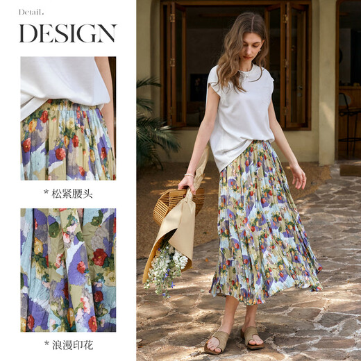 Olrain Ou Ruier printed pleated French holiday skirt women's summer 2025 new oil painting style A-line skirt pattern XL