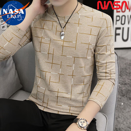NASA LEAP中国风长袖T恤男士春秋冰丝棉圆领打底衫潮秋衣休闲修身青年简约 白色横条款长袖1518 均码 M80-100斤穿
