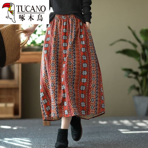 Specht 2025 Neuer Sommer Neue lose Taille A-Line Mode Plaid Rock Literary Classical Ethnic Style Gedruckter Rock Schwarz L.