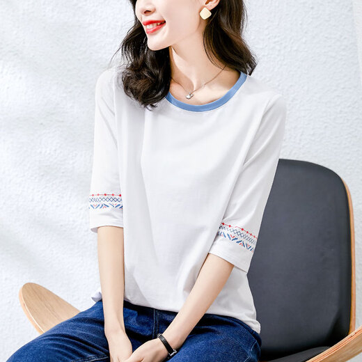 Philoman Pure Cotton 70-Viertel-Hülle-T-Shirt für Frauen 2025 Neue Frühlings- und Herbst-Pure-Baumwolle 70-viertel-Hülse-T-Shirt für Frauen mit mittlerer Ärmeln losen Design Blau 1xS328 Weiß + W6172 ICE Blue M (Empfohlen 80-105jin [Jin gleichen 0,5 kg]) Uniform Größe