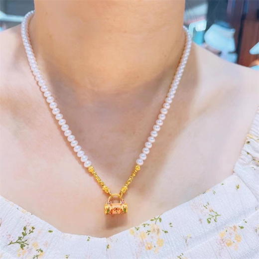 High temperature burning blue 999 pure gold blooming lock bag small gold lock tulip pendant broken gold pearl gold necklace small lock 3g_pendant_pink (width 13mm__ not included